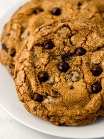 Close up view of white plate of chocolate chip cookies.