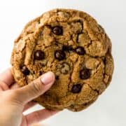 Hand holding single cookie in the air.