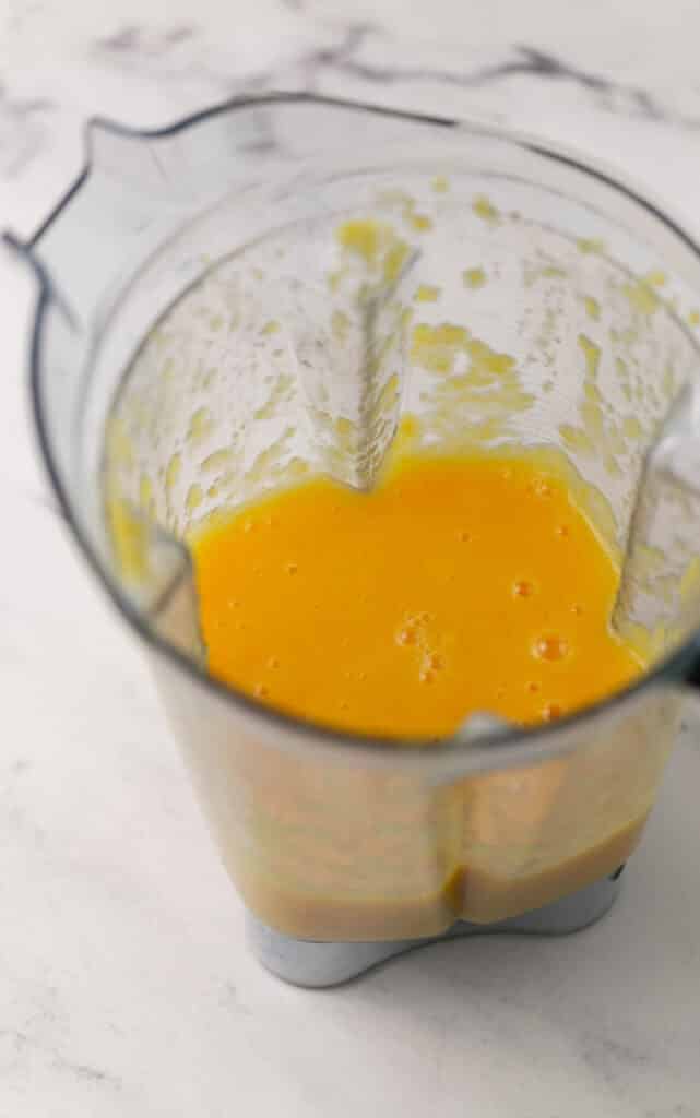 puree peach mixture in blender pitcher