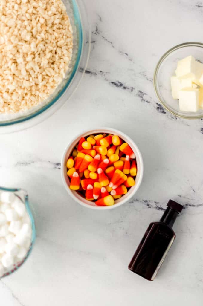 ingredients in separate containers to make rice krispie treats