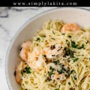 Photo of a bowl of shrimp scampi on pin with text overlay.
