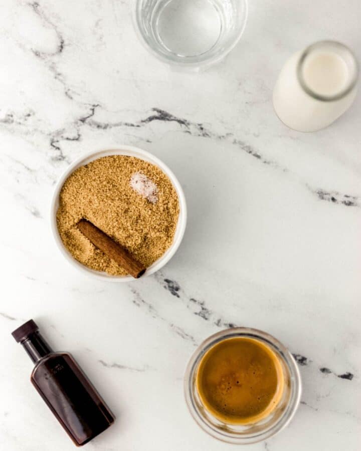 Overhead view of ingredients needed to make drink. 