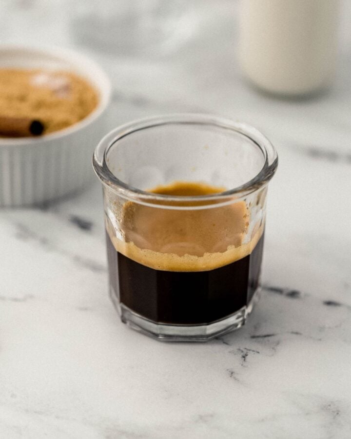Close up of espresso in glass. 