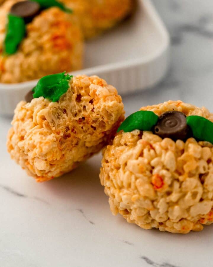 Close up view of two finished rice krispie treats.