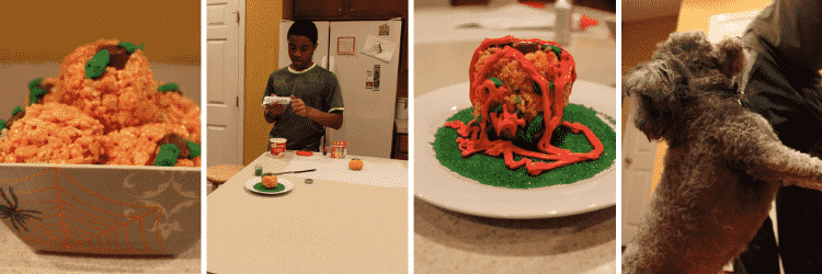 child in kitchen making pumpkin rice krispie treats