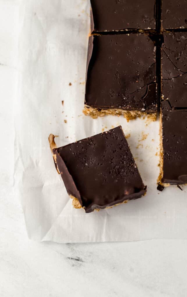 square piece of finished crispy rice treat on parchment paper