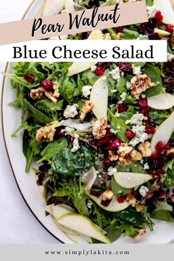 Close up view of salad on white platter pin with text overlay.