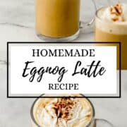 Two pics of finished latte in glass mug on pin with text overlay.