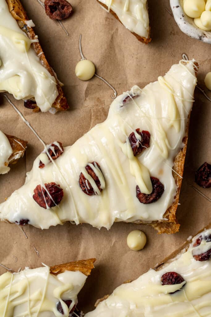 overhead view of finished cranberry bliss bar