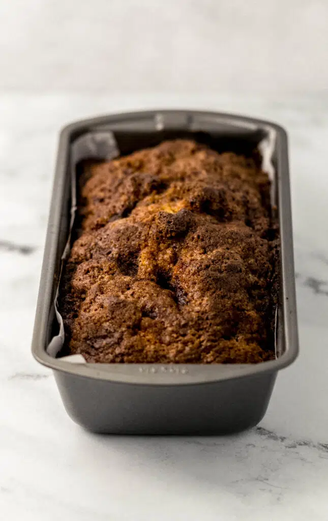 baked peach bread in loaf pan