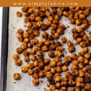 Finished chickpeas on sheet pan on pin with text overlay.