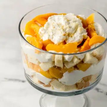 close up side view of finished peach trifle