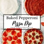Four process photos to make pepperoni dip on pin with text overlay.