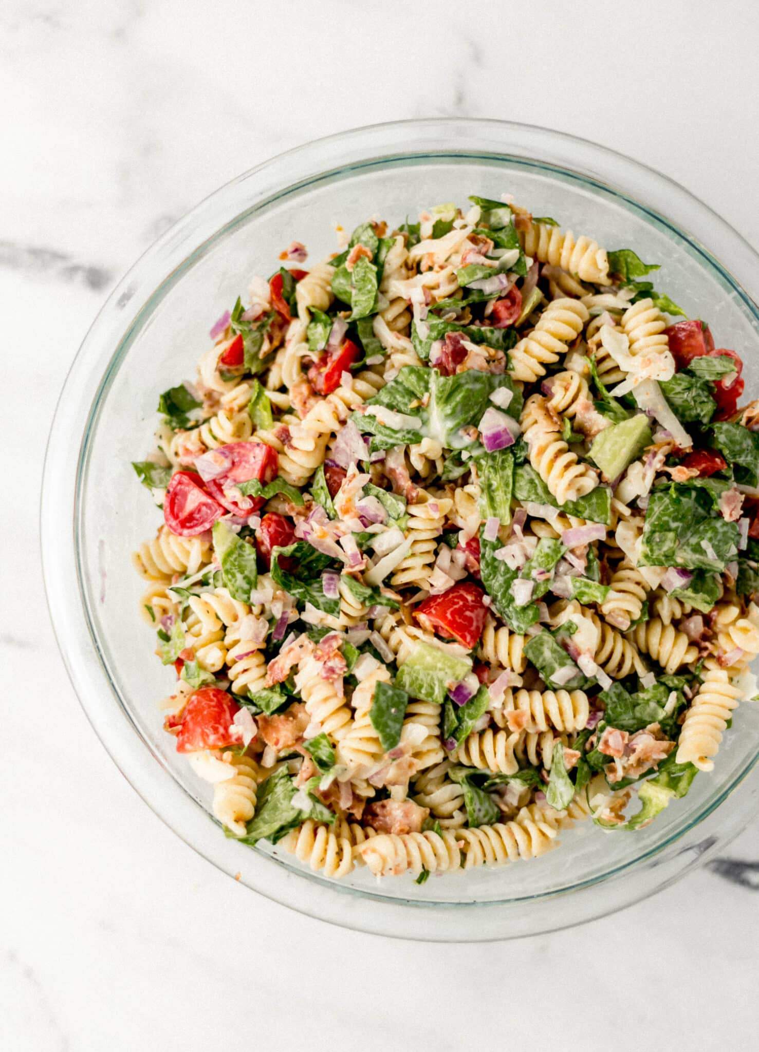 pasta salad in large glass bowl