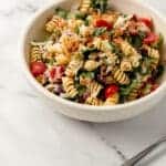 finished ranch blt pasta salad in white bowl