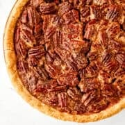 Close up view of finished pecan pie.