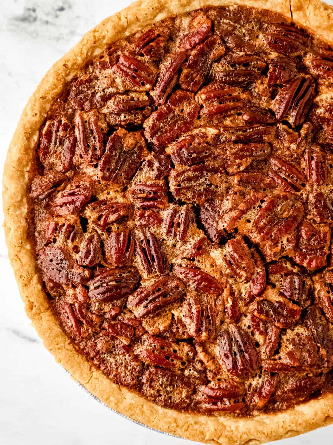 Close up view of baked pie.