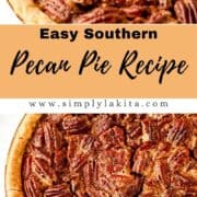 Two finished pecan pie photos on pin with text overlay.