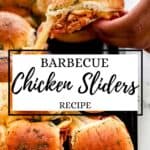 Two photos of finished sliders on sheet pan on pin with text overlay.