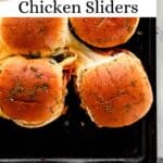 Overhead view of finished sliders on sheet pan on pin with text overlay.