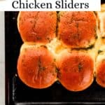 Overhead view of sliders on sheet pan on pin with text overlay.
