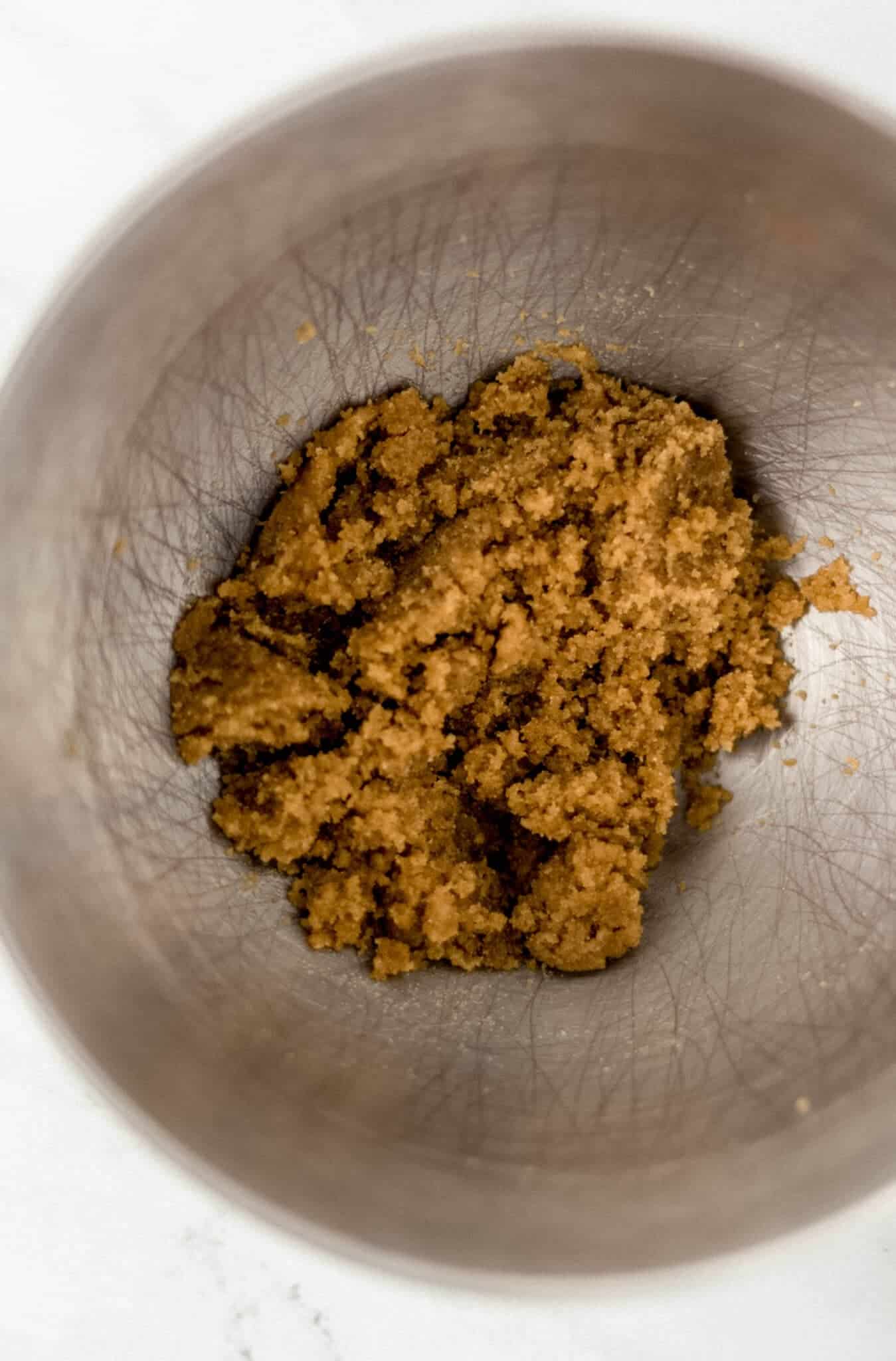 butter and brown sugar combined in large mixing bowl 