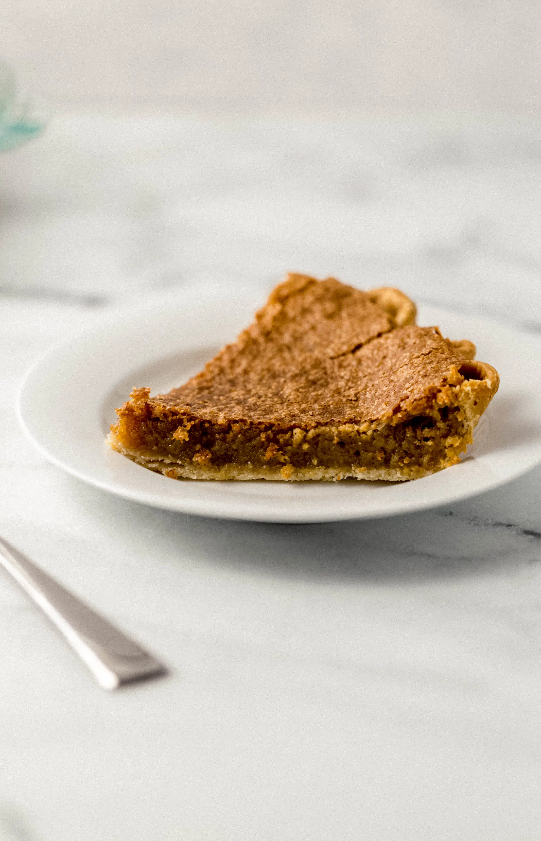 close up side view of slice of pie on a white plate 