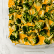 overhead view of finished casserole in glass baking dish