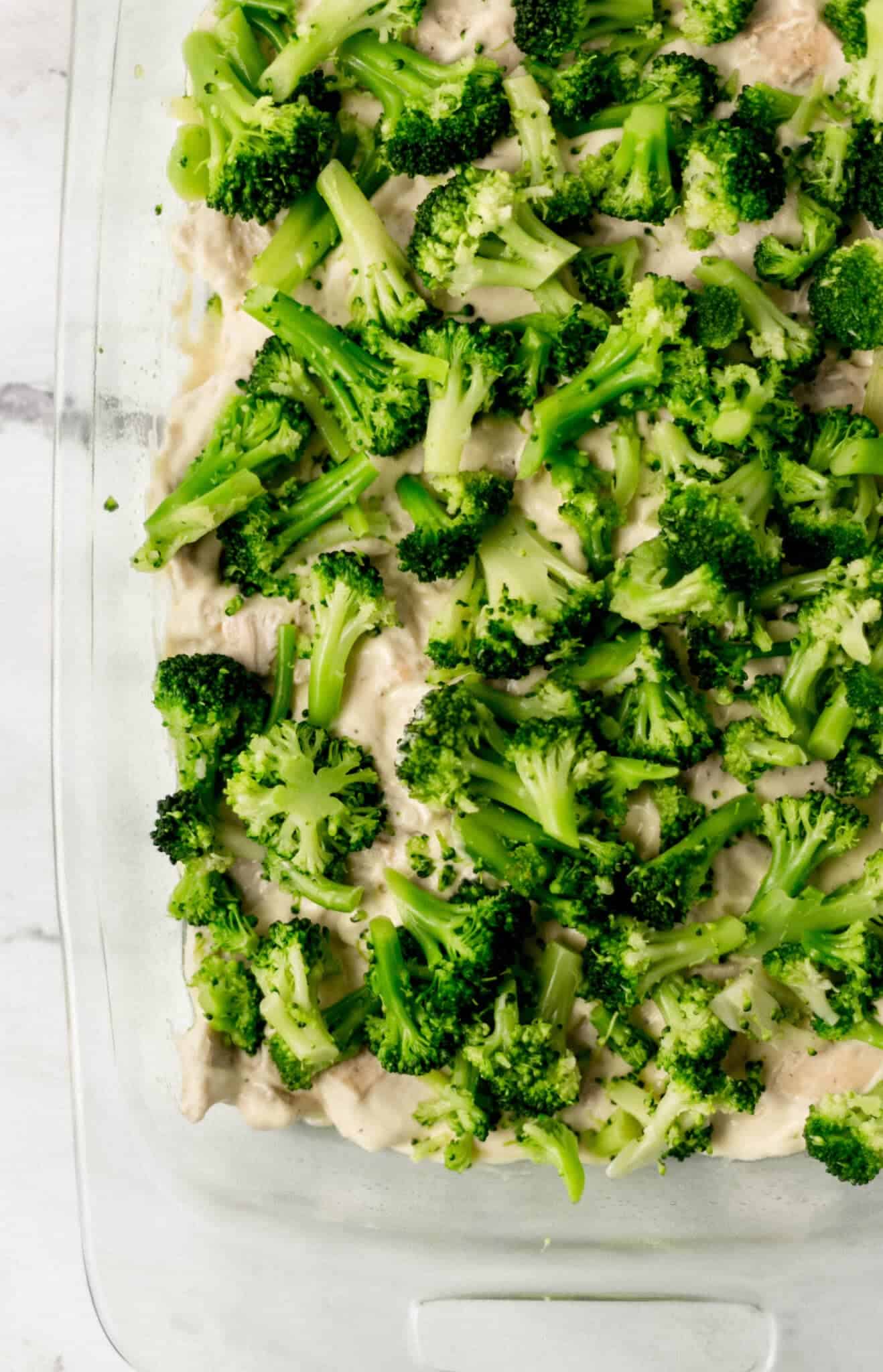 chicken mixture topped with broccoli in glass baking dish 