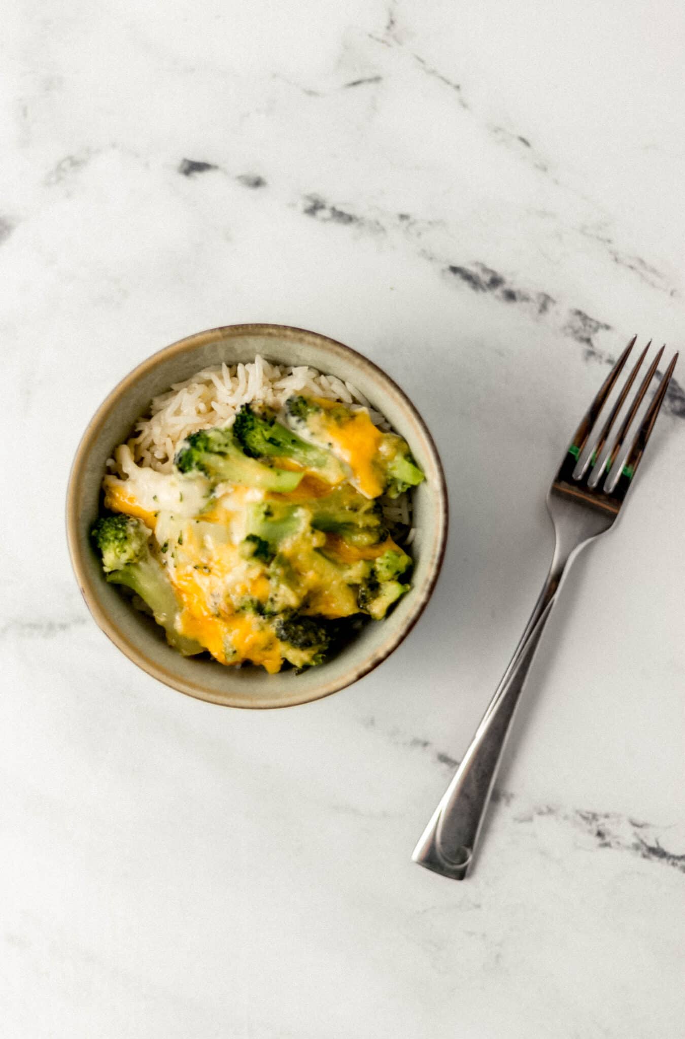 small bowl of casserole over rice beside a fork