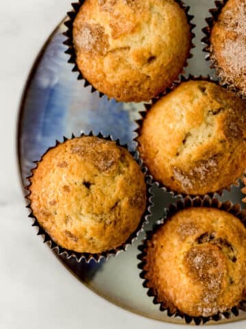 overhead view of coffee cake muffins on plate