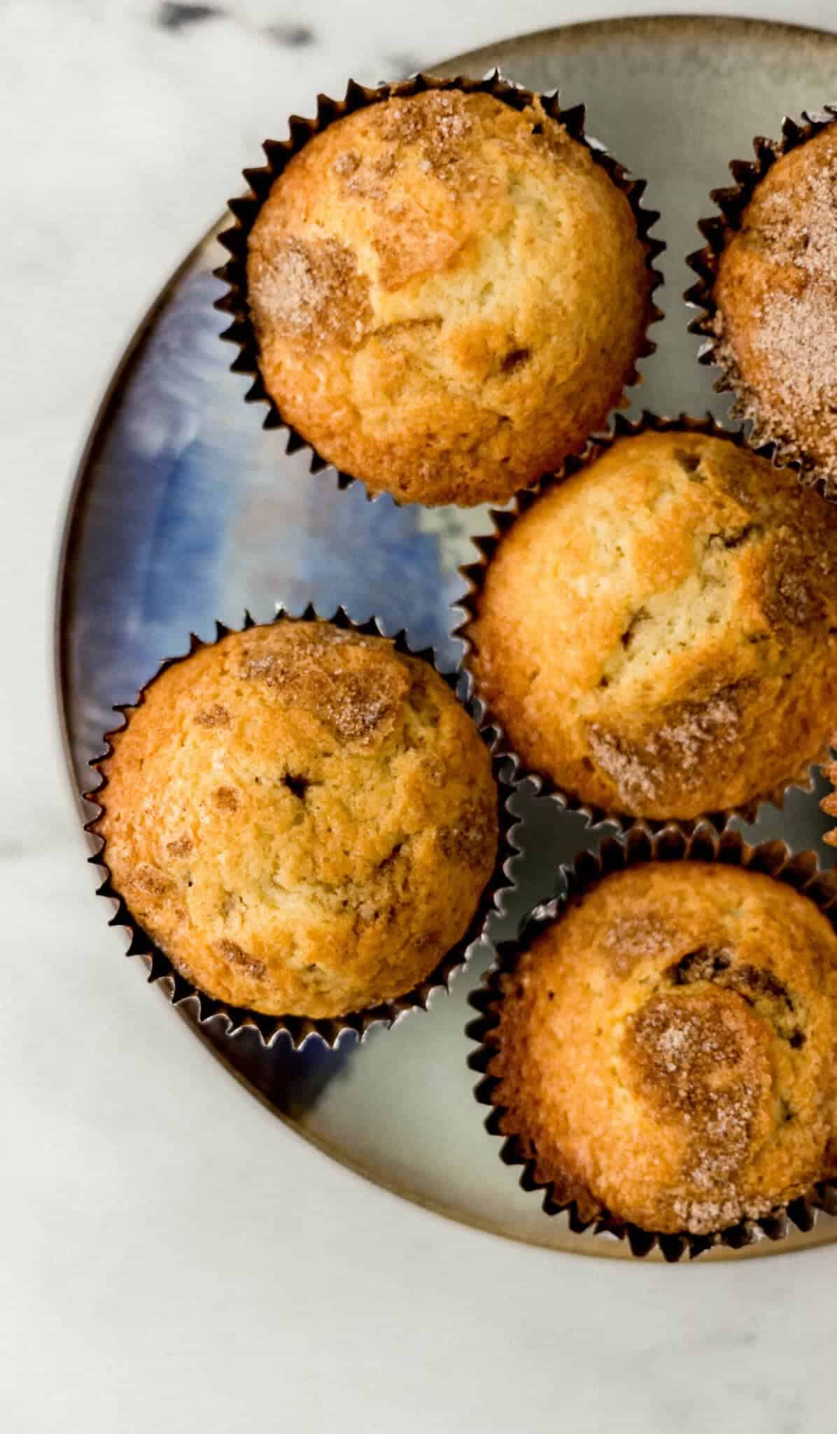 overhead view of coffee cake muffins on a plate 