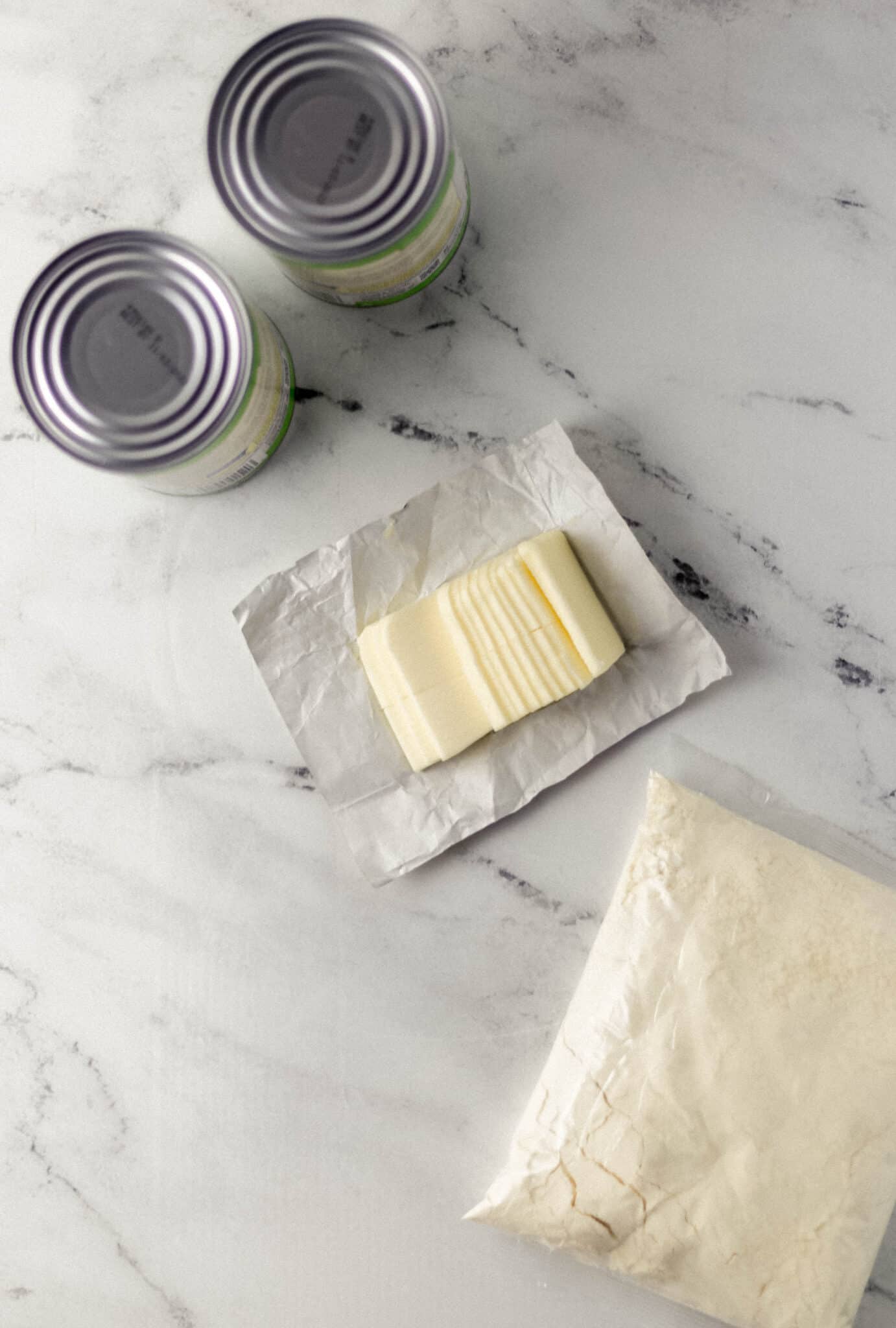 overhead view of ingredients needed to make cake