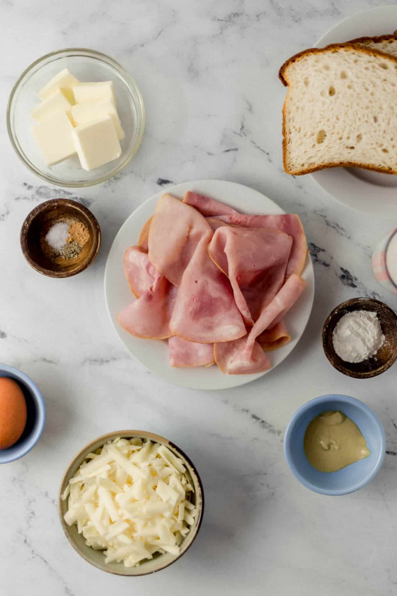Croque Madame Simply LaKita 2 ingredients to make sandwiches in separate plates and bowls