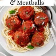Close up view of plate of spaghetti on pin with text overlay.