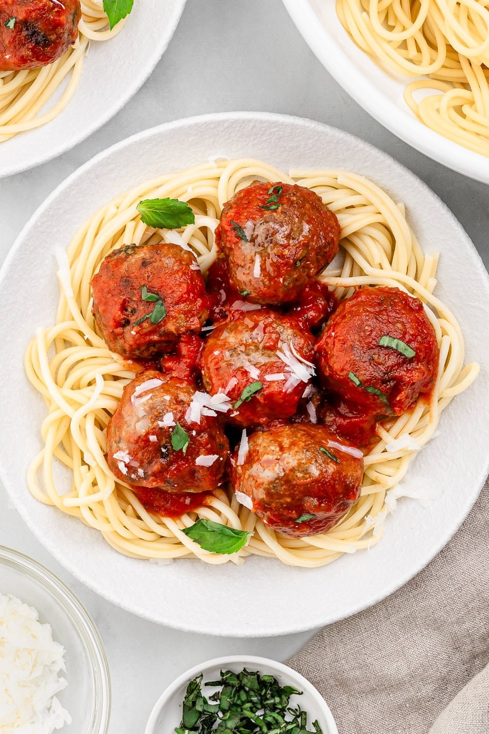 Overhead view of plate of spaghetti and meatballs.