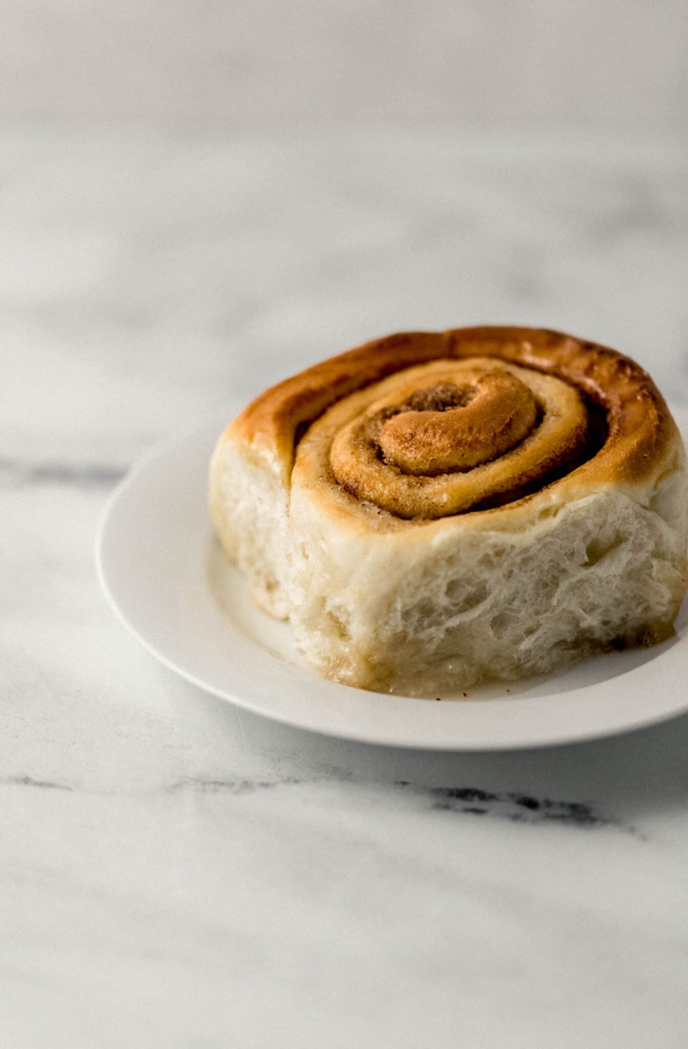 close up side view of a single cinnamon roll on small white plate 