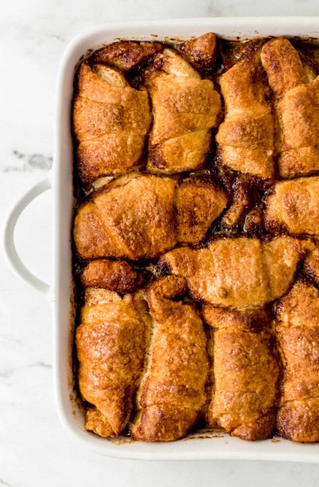 finished dumpling recipe in white baking dish