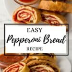 Two photos of finished bread on white plates on pin with text overlay.