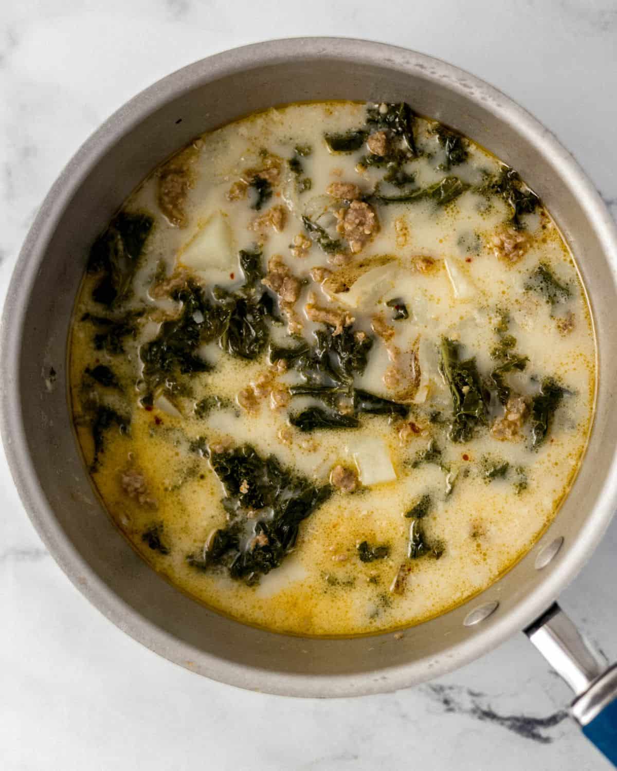 Potato Kale and Sausage Soup Simply LaKita 5 Finished soup in saucepan.