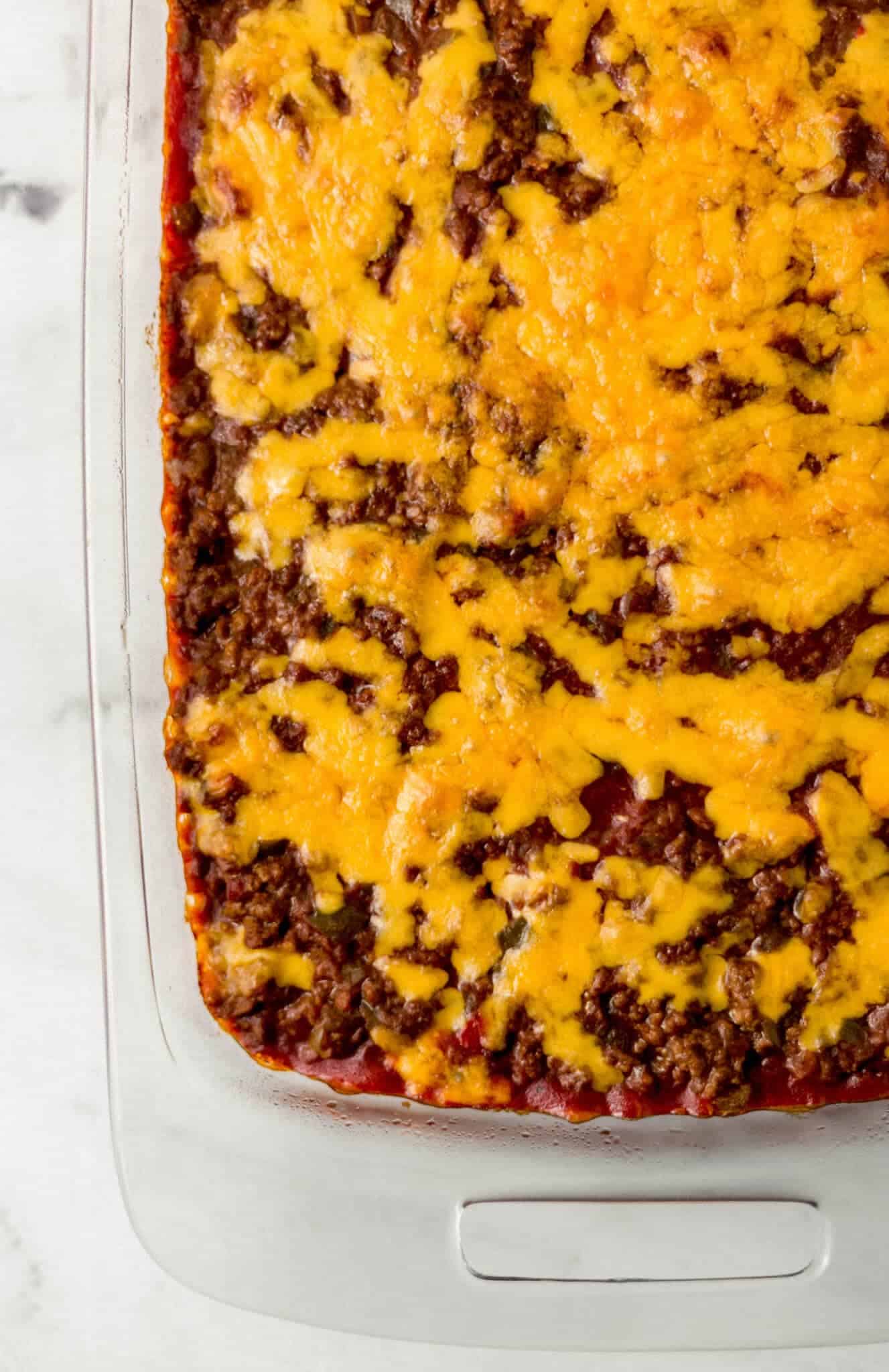 finished casserole in glass baking dish