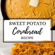Two photos of finished cornbread in skillet and piece on plate on pin with text overlay.