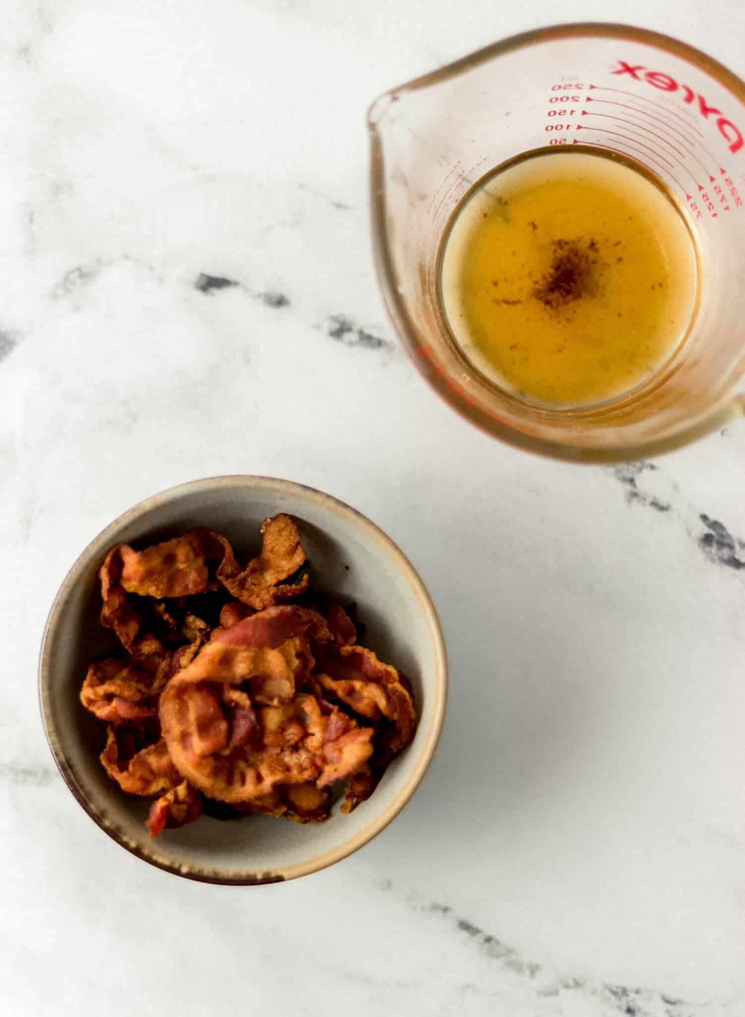 Sweet and Sour Cabbage Simply LaKita 11 bacon in small bowl with grease in separate glass measuring cup