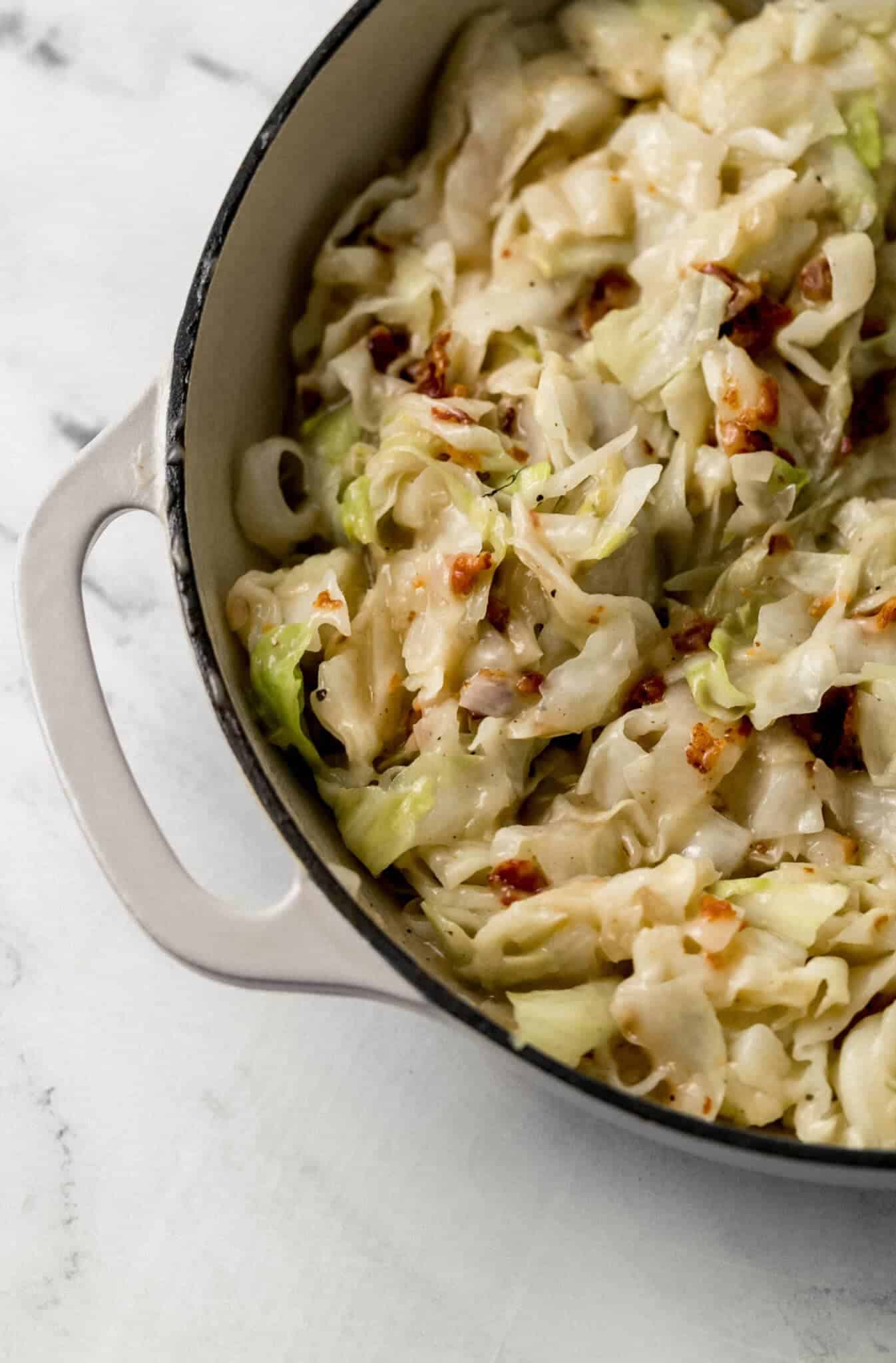 finished sweet and sour cabbage in large white pan 