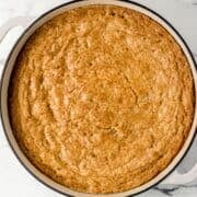 Overhead view of finished skillet cookie.