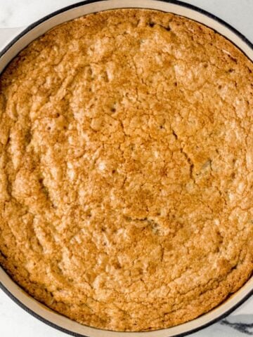 Overhead view of finished skillet cookie.