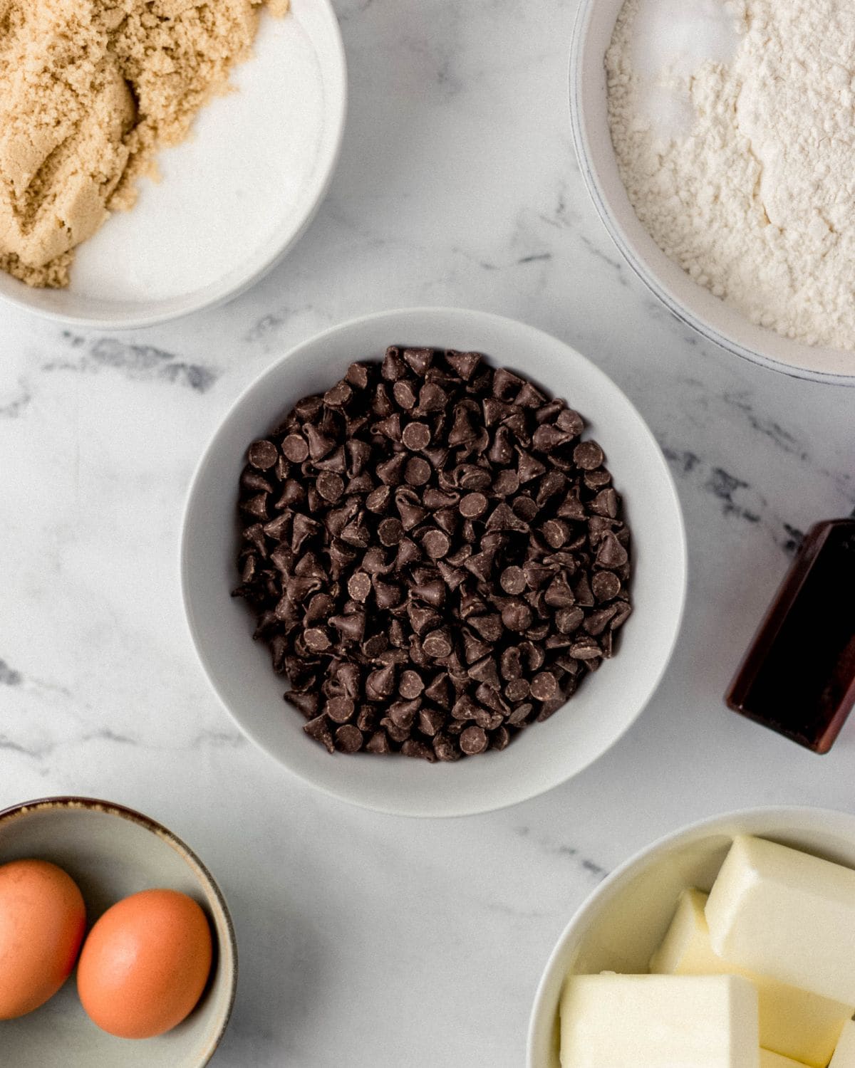 Chocolate Chip Cookie Skillet Ingredients Overhead view of ingredients needed to make skillet cookie.