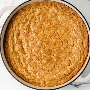 Overhead view of finished skillet cookie.