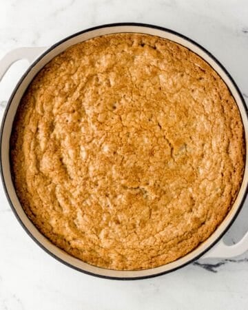 Overhead view of finished skillet cookie.