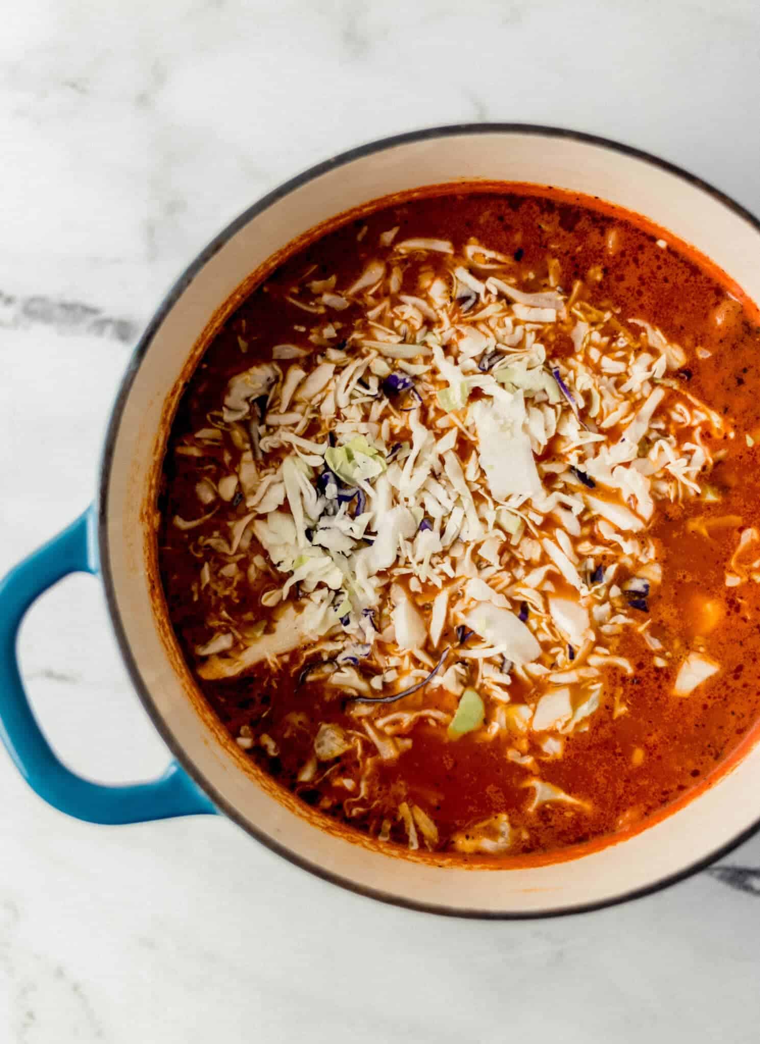coleslaw mix added to soup in large pot